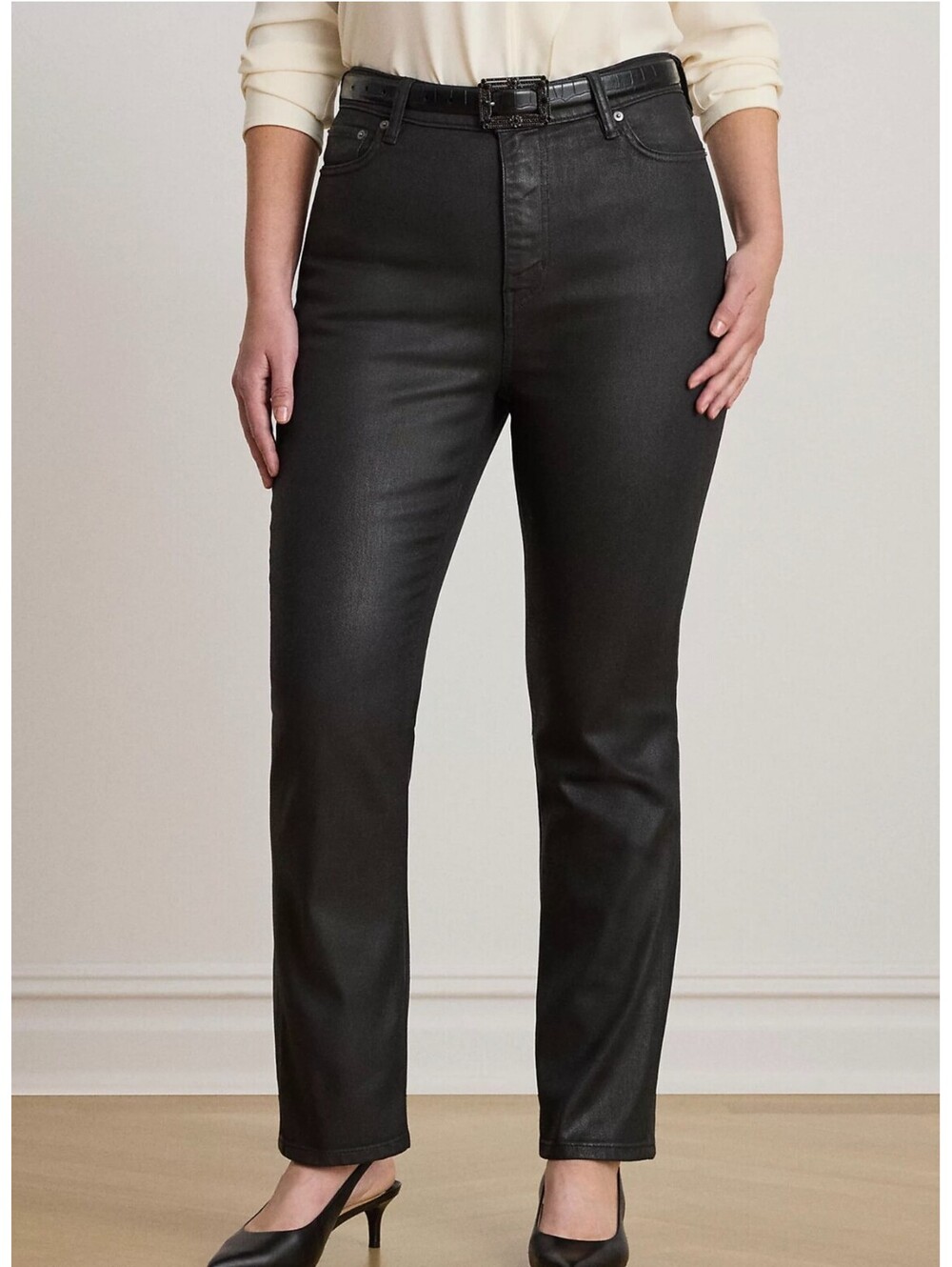 LAUREN RALPH LAUREN black coated high rise straight ankle stretch jeans 18W NWT